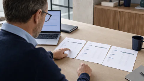 Professionnel comparant trois propositions autour de son ordinateur portable