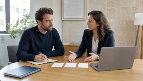 Conseillère présentant les étapes du portage salarial à un consultant indépendant