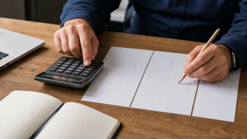 Professionnel vérifiant un calcul à l’aide d’une calculatrice et de tableaux imprimés