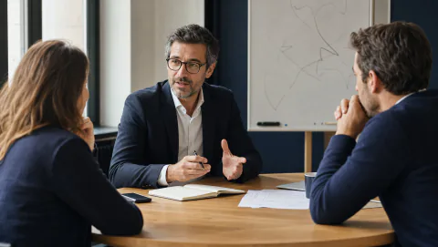 Consultant expérimenté animant une séance de travail avec deux clients