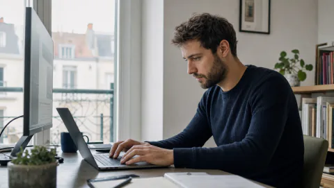 Développeur indépendant travaillant sur ordinateur depuis un bureau calme