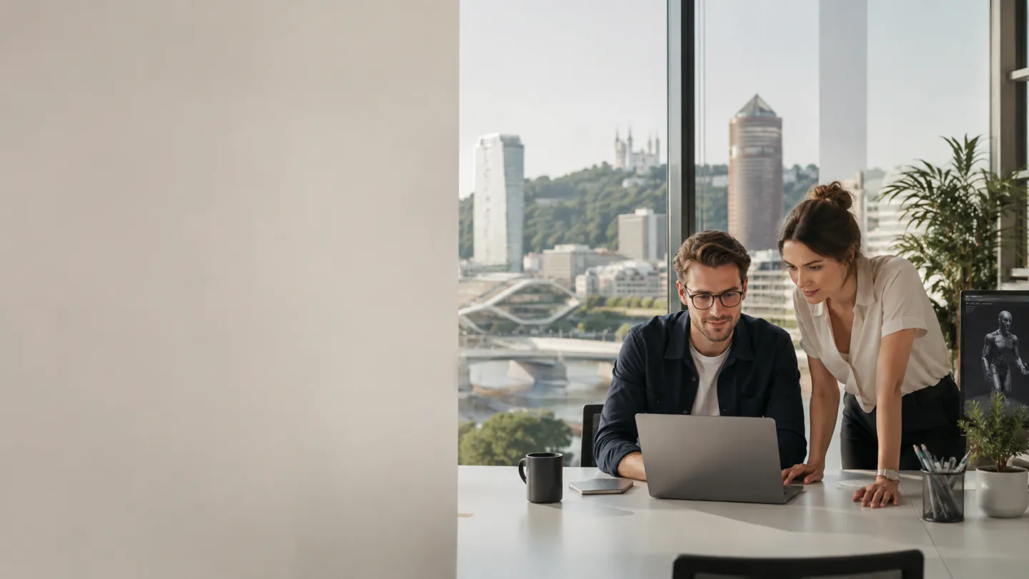 Deux consultants au travail dans un bureau lyonnais, avec vue sur la colline de Fourvière et les tours de la Part-Dieu