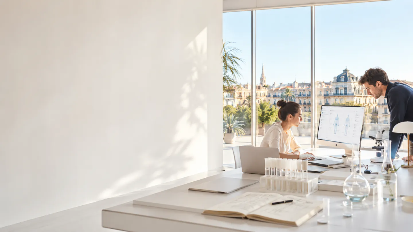 Bureau montpelliérain baigné de lumière méditerranéenne, matériel de laboratoire sur la table et palmiers en terrasse