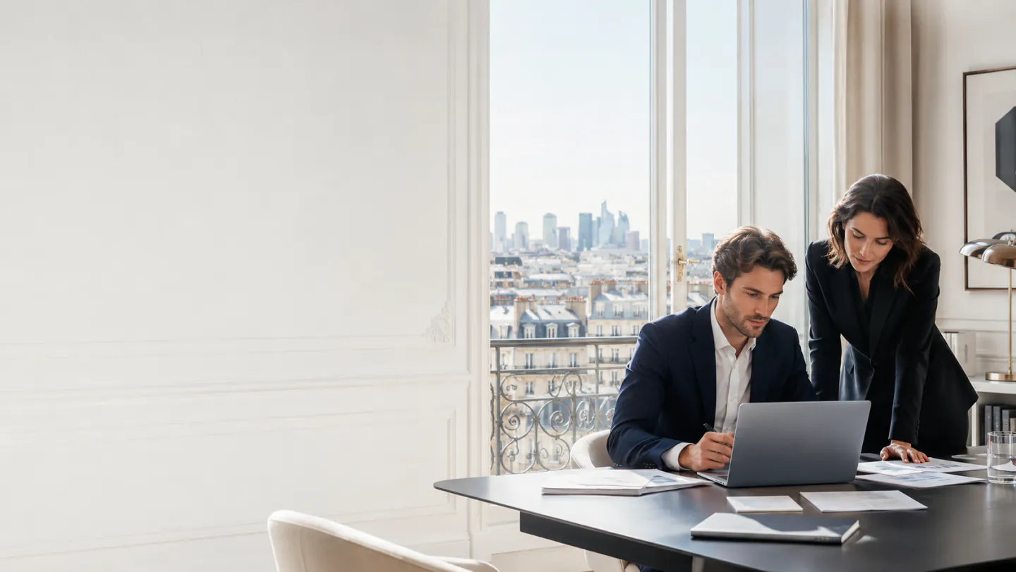 Consultants au travail dans un appartement haussmannien, toits de zinc et quartier d'affaires en arrière-plan